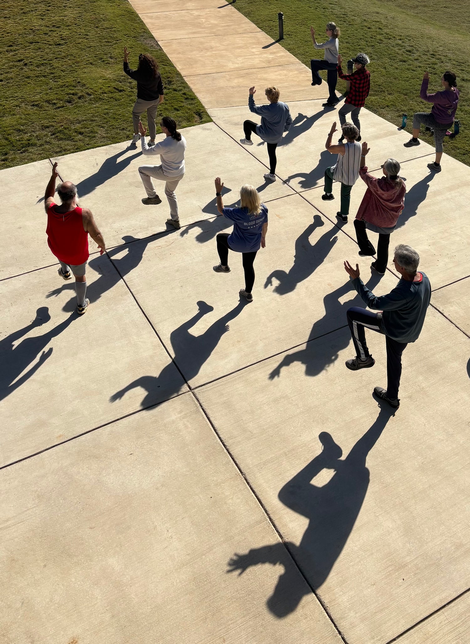 Group of people standing the tai chi pose called Golden Rooster Stands on One Leg