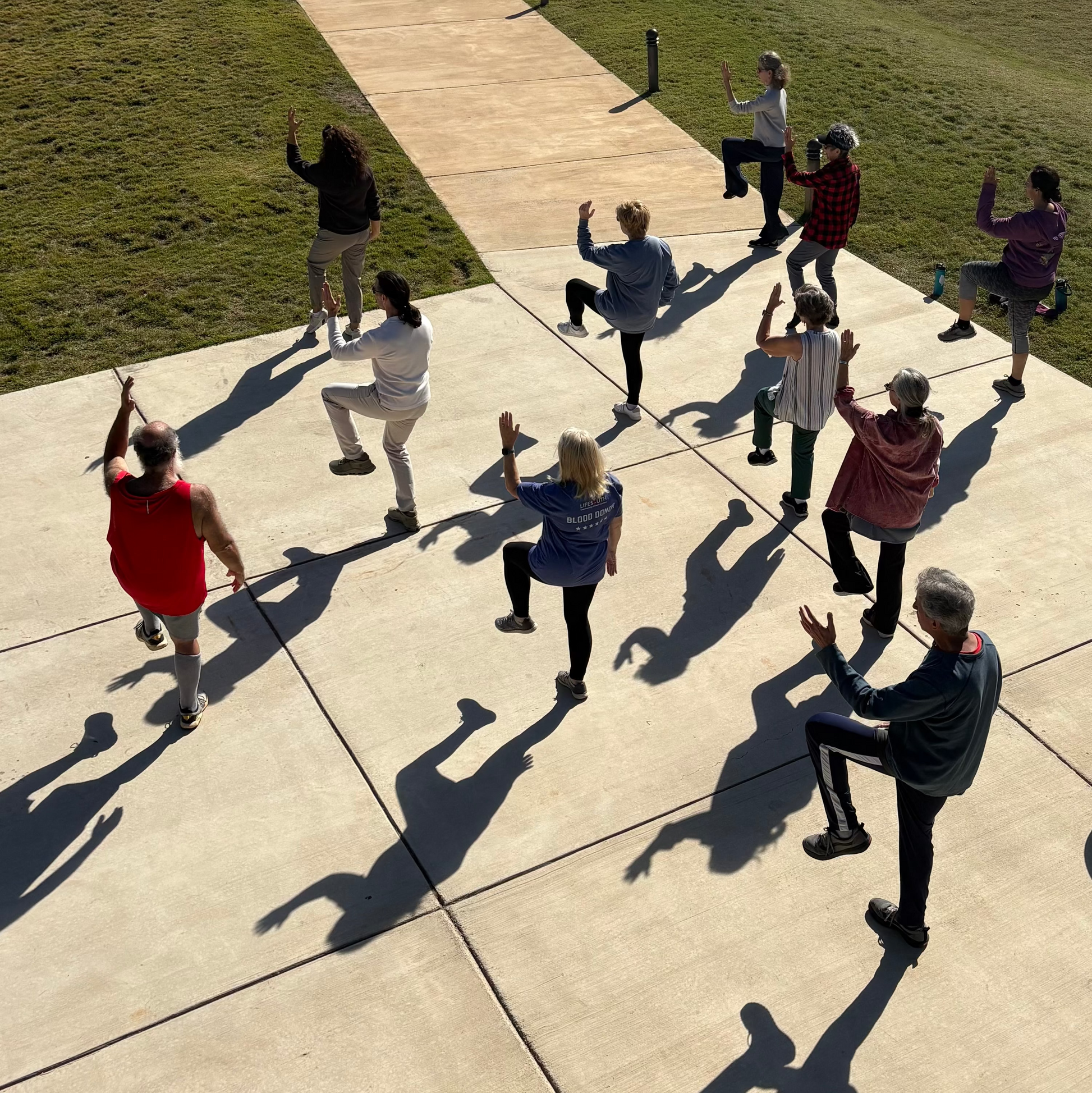 Group of people standing the tai chi pose called Golden Rooster Stands on One Leg